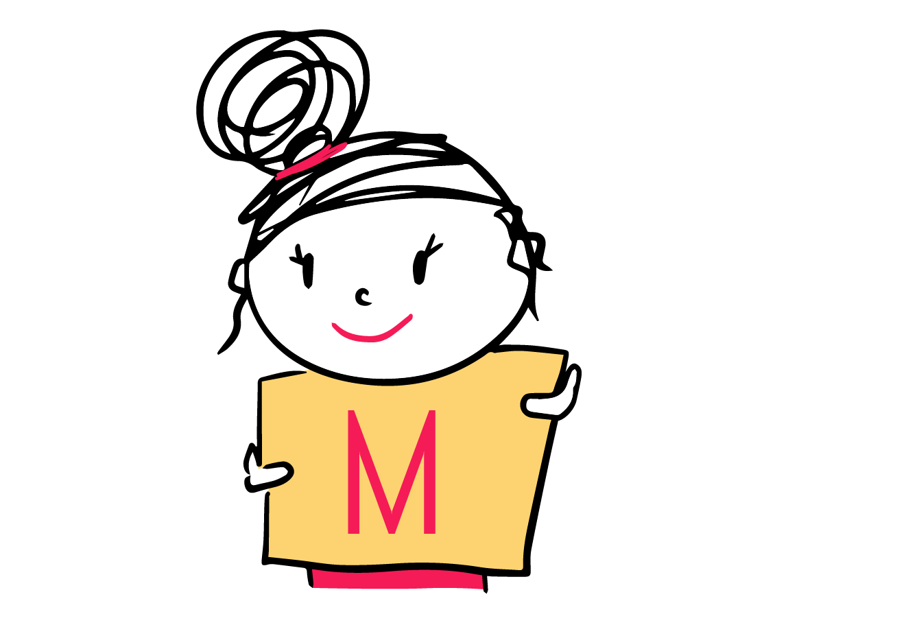 Ein Strichmännel-Mädchen hält ein Schild in der Hand auf dem der Buchstabe M zu sehen ist.
