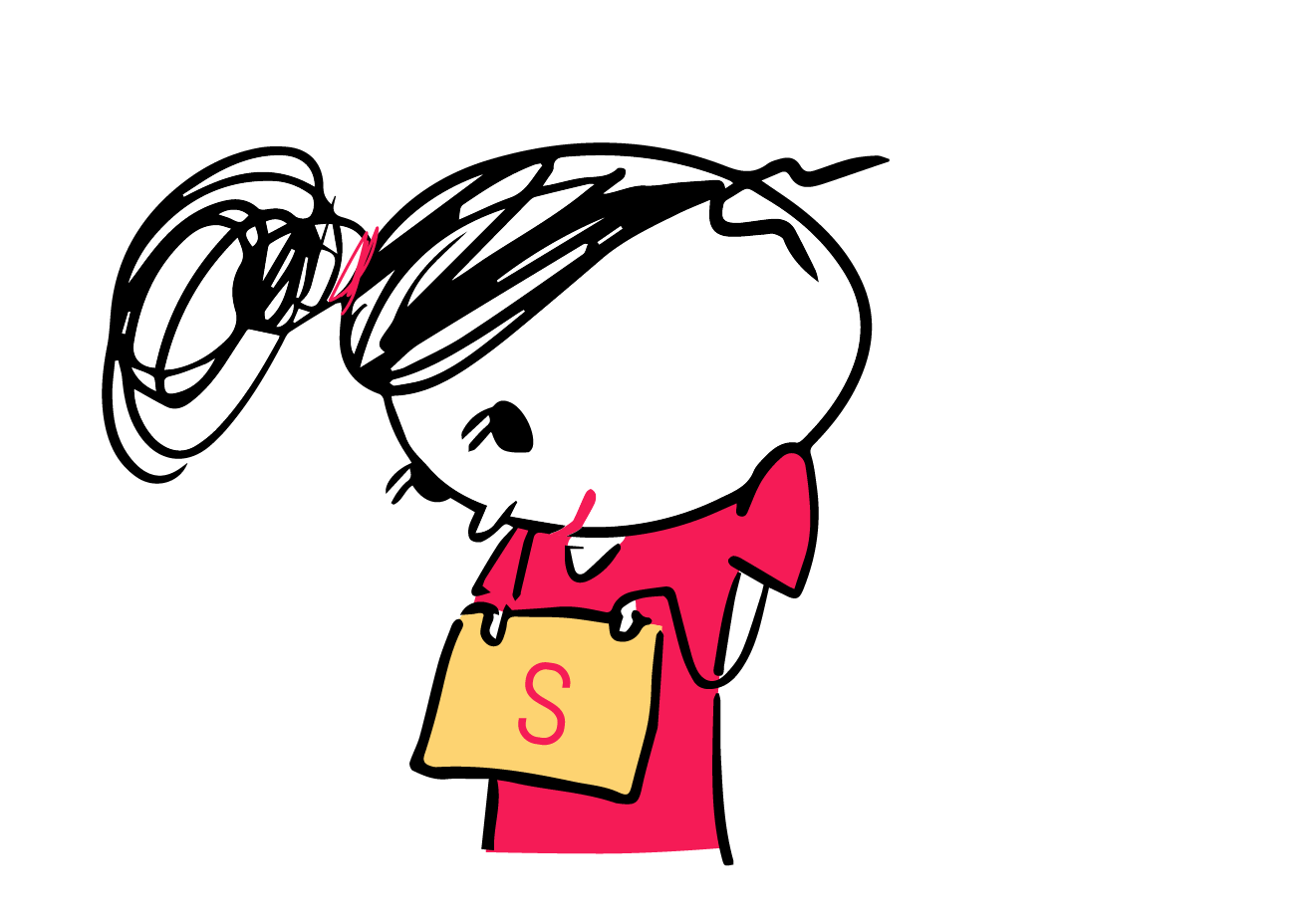 Ein Strichmännel-Mädchen schaut auf einen kleinen Zettel, den es vor sich hält und auf dem der Buchstabe S abgebildet ist.
