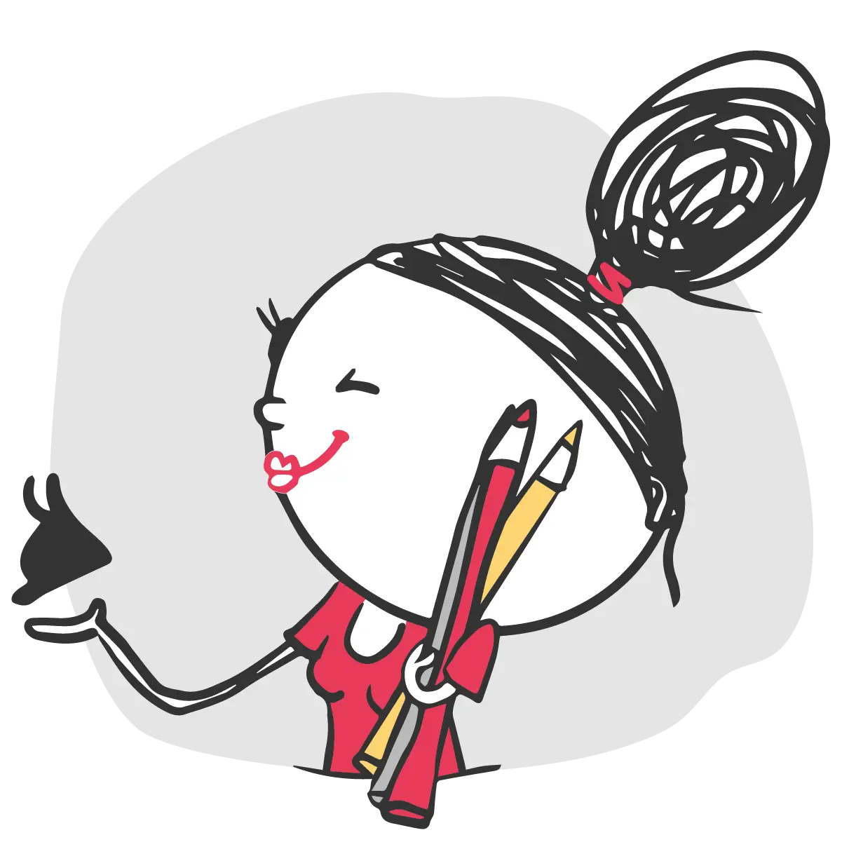 Ein Cartoon-Mädchen mit bunten Stiften hält ein Auge 