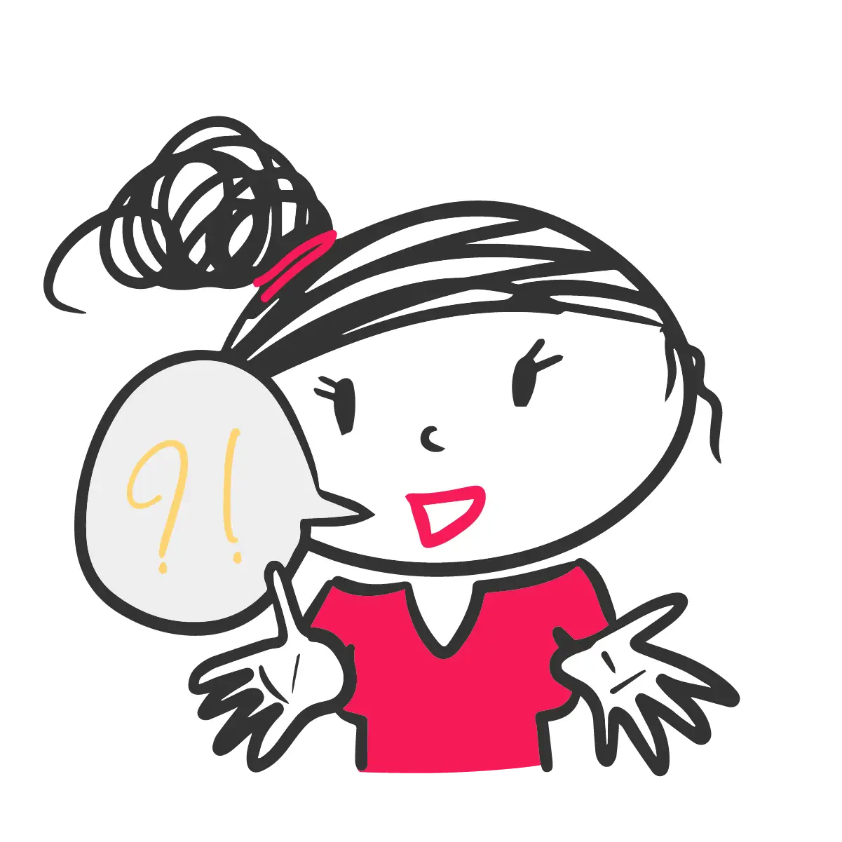 Ein Cartoon-Mädchen mit einer Sprechblase und einem Fragezeichen.