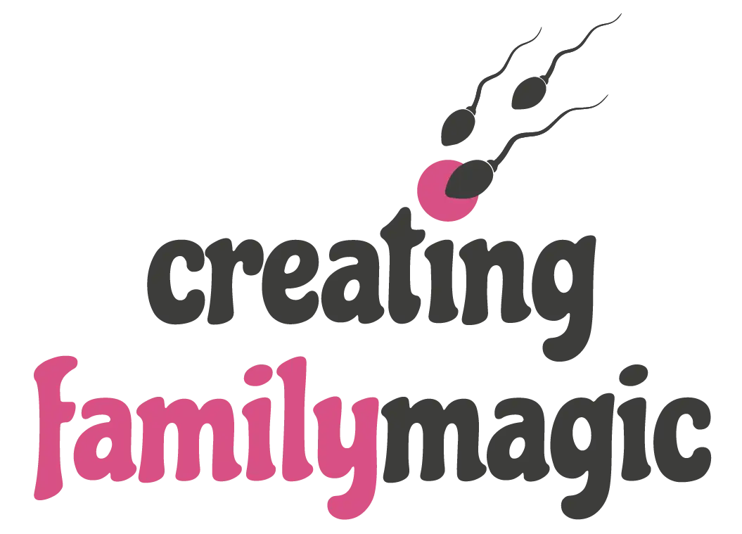 Bei dem Bild handelt es sich um eine Grafik mit dem Satz „Creating Family Magic“ in einer stilisierten rosa Schriftart, mit der Darstellung einer Eizelle und drei Spermien, die sich auf die Eizelle zubewegen