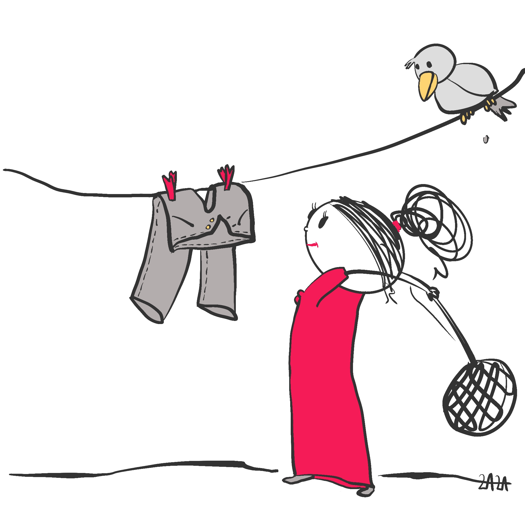 Eine skurrile Strichzeichnung eines Mädchens in einem roten Kleid, das eine Hose an eine Wäscheleine hängt und einen Vogel beobachtet, während es ein Teppichklopfer hinter seinem Rücken hält.