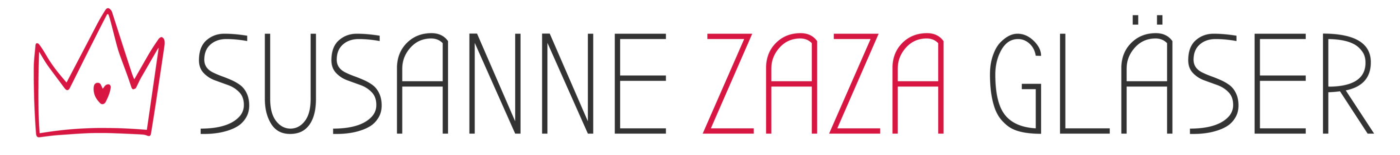 Logo mit einem roten Kronensymbol, gefolgt vom Text „Susanne Zaza Gläser“ in stilisierten Buchstaben, wobei „Zaza“ rot hervorgehoben ist.