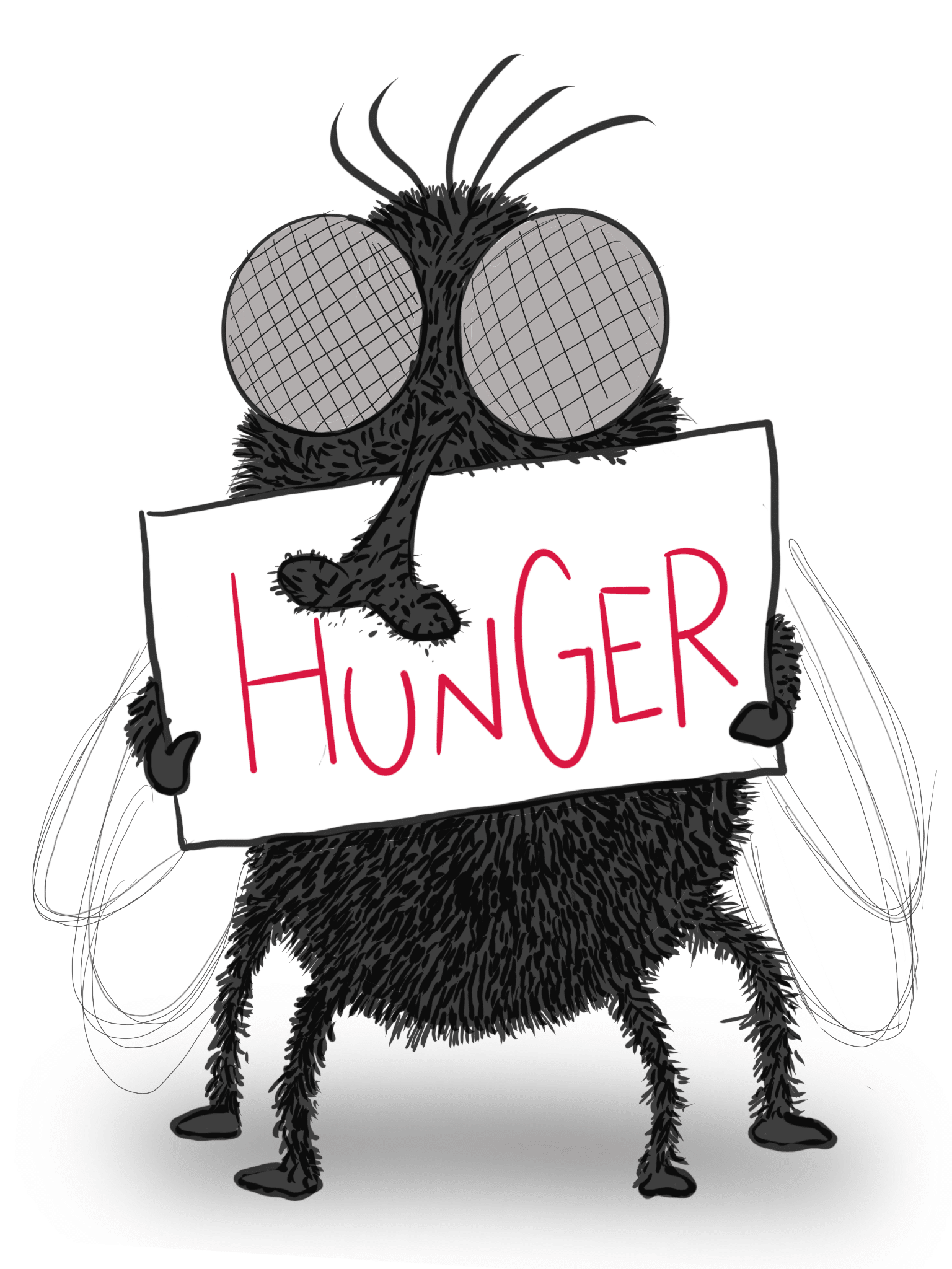 Illustration einer Fliege, die ein Schild mit der Aufschrift „HUNGER“ in roten Buchstaben hält.