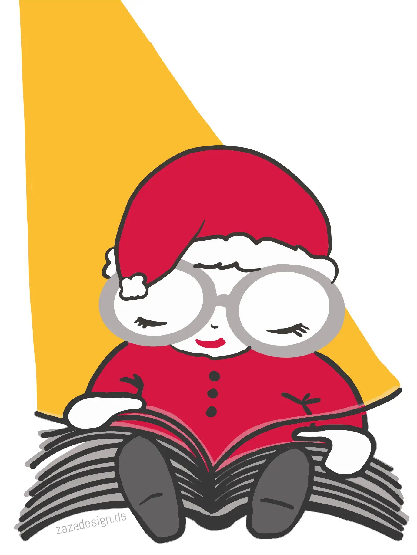 Illustration einer Person mit Brille und Weihnachtsmannmütze, die ein Buch liest und von einem gelben Lichtstrahl beleuchtet wird.