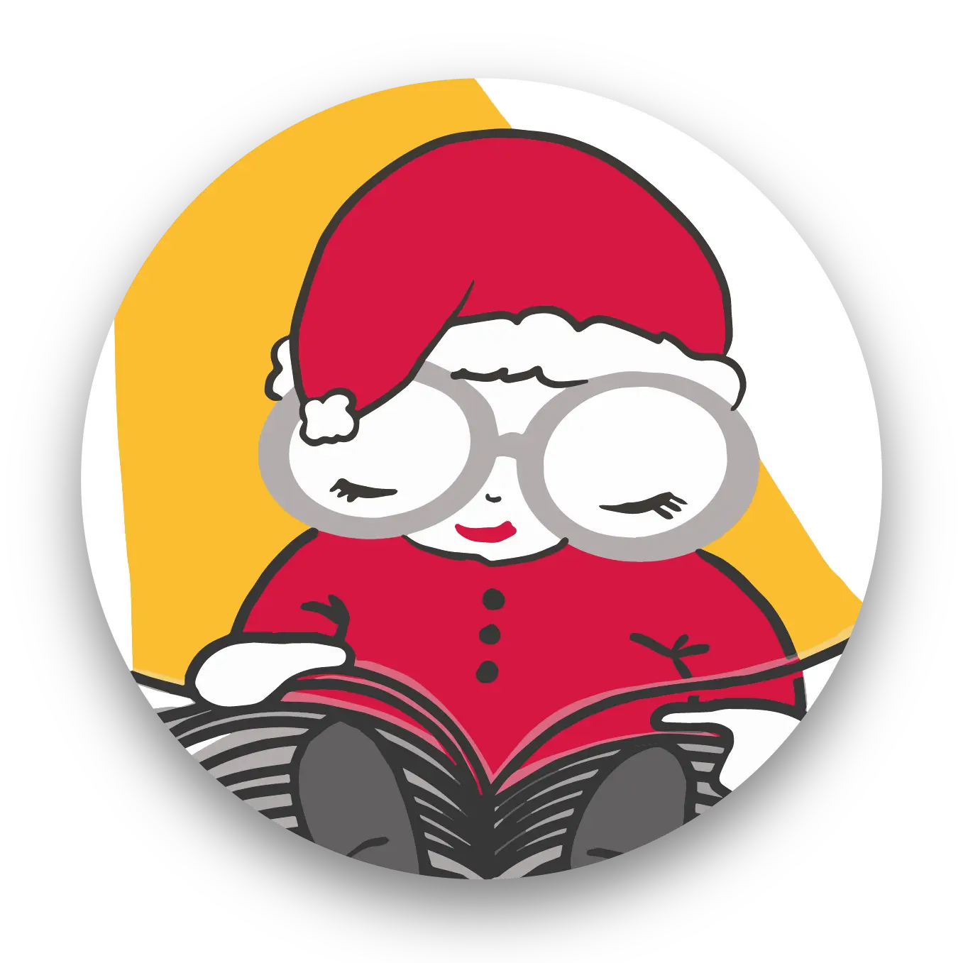 Illustration einer Person mit großer Brille und roter Weihnachtsmannmütze, die ein Buch liest.