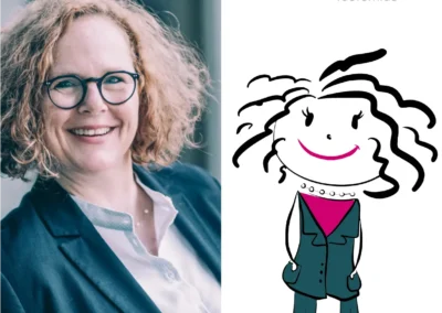 Eine Frau mit lockigem Haar, Brille und Anzug lächelt neben einem bunten Cartoon im Doodle-Stil mit der gleichen Frisur. Der Text lautet „Dr. Frauke Hänsch fabfem.de.