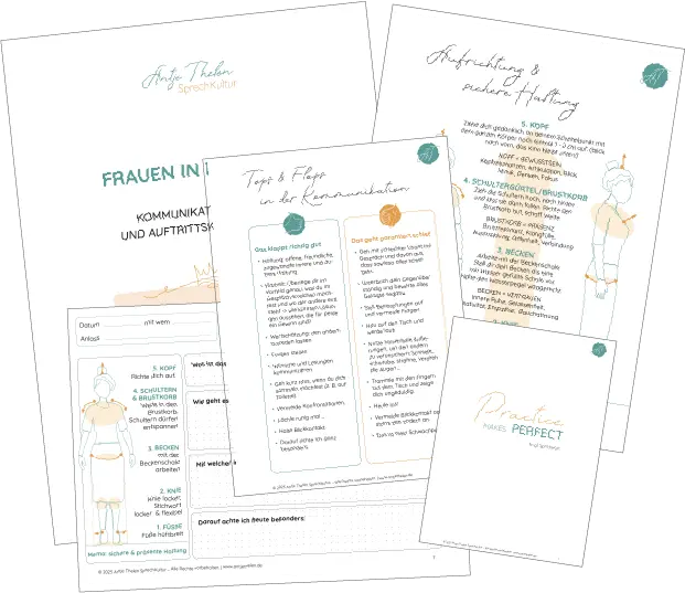 Ein Satz von fünf illustrierten deutschsprachigen Arbeitsblättern mit handschriftlichen Notizen, Diagrammen einer weiblichen Figur, Checklisten und Tipps zur Kommunikation und Körperhaltung. Die Blätter sind verstreut und überlappend angeordnet.