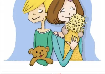 Umschlag eines Babysitter-Ratgebers des Deutschen Roten Kreuzes mit einem illustrierten Jungen, der einen Teddybär hält, und einem Mädchen, das ein Baby hält, sowie Beispielseiten mit Text, Tabellen und Zeichnungen über Kinderbetreuung und Babysitter-Fähigkeiten.