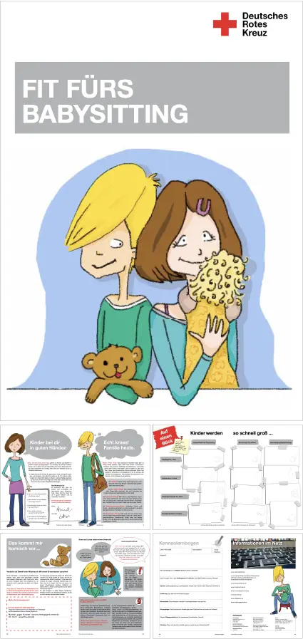 Umschlag eines Babysitter-Ratgebers des Deutschen Roten Kreuzes mit einem illustrierten Jungen, der einen Teddybär hält, und einem Mädchen, das ein Baby hält, sowie Beispielseiten mit Text, Tabellen und Zeichnungen über Kinderbetreuung und Babysitter-Fähigkeiten.
