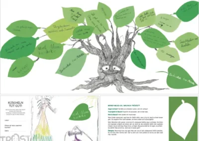Ein deutsches Kinderbuch mit dem Titel "Mein kleines Trostbuch" zeigt einen grünen, freundlichen Baum mit lächelnden Augen und Blättern voller Botschaften, Kinderzeichnungen, tröstende Tipps und Illustrationen auf den Seiten.