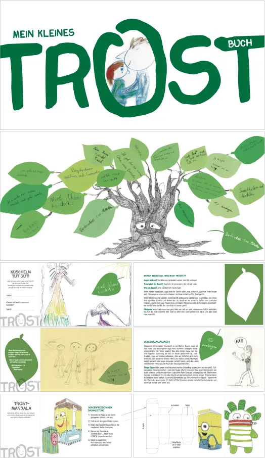 Ein deutsches Kinderbuch mit dem Titel "Mein kleines Trostbuch" zeigt einen grünen, freundlichen Baum mit lächelnden Augen und Blättern voller Botschaften, Kinderzeichnungen, tröstende Tipps und Illustrationen auf den Seiten.