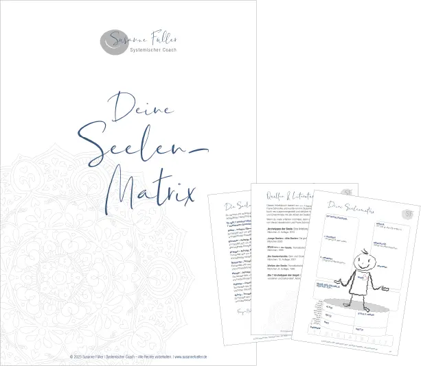 Drei illustrierte Coaching-Arbeitsblätter in deutscher Sprache mit dem Titel "Deine Seelen-Matrix", mit handschriftlichem Text, einem Mandala-Muster und einer Seite mit einem Strichmännchen-Diagramm.