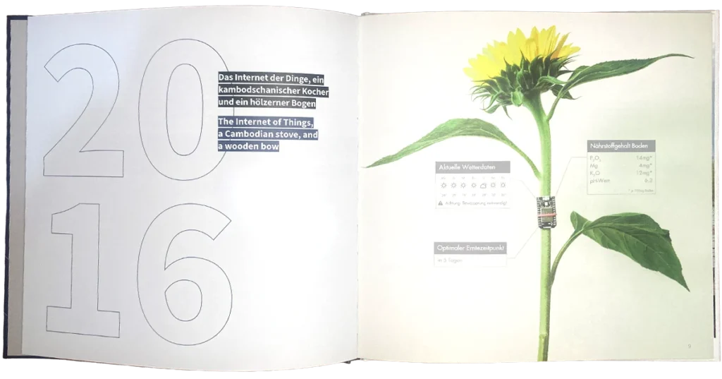 Ein aufgeschlagenes Buch, das auf der linken Seite in großen Umrissen "2016" und auf der rechten Seite das Foto einer Sonnenblume mit informativen Textfeldern in deutscher Sprache zeigt.