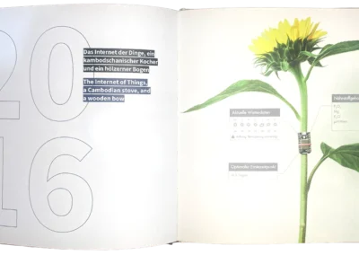 Innenseite Fotobuch Forschungsperspektiven 2016 mit groß gesetzter Jahreszahl und Gewinnerfoto Sonnenblume – Editorial Design und Buchgestaltung für Wissenschaft und Forschung an der HTWK Leipzig