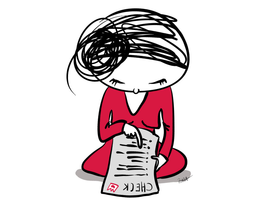 Eine Zeichentrickfigur mit gekritzelten Haaren und einem roten Kleid sitzt im Schneidersitz, blickt nach unten und liest eine Checkliste