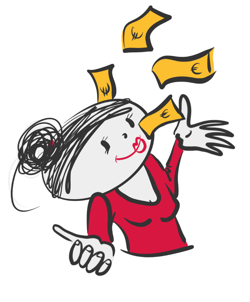 Cartoon-Frau mit dunklem Haar in einem Dutt, die ein rotes Oberteil trägt, lächelt und wirft mehrere gelbe Euro-Scheine in die Luft.