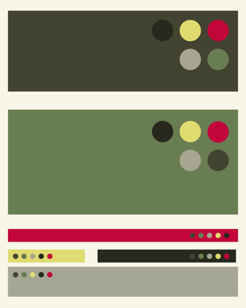 Abstraktes Design mit drei vertikal gestapelten Rechtecken. Jedes hat oben rechts Gruppen von farbigen Kreisen (schwarz, gelb, rot, oliv, beige). Der untere Teil hat horizontale Bänder und kleine Kreisgruppen.