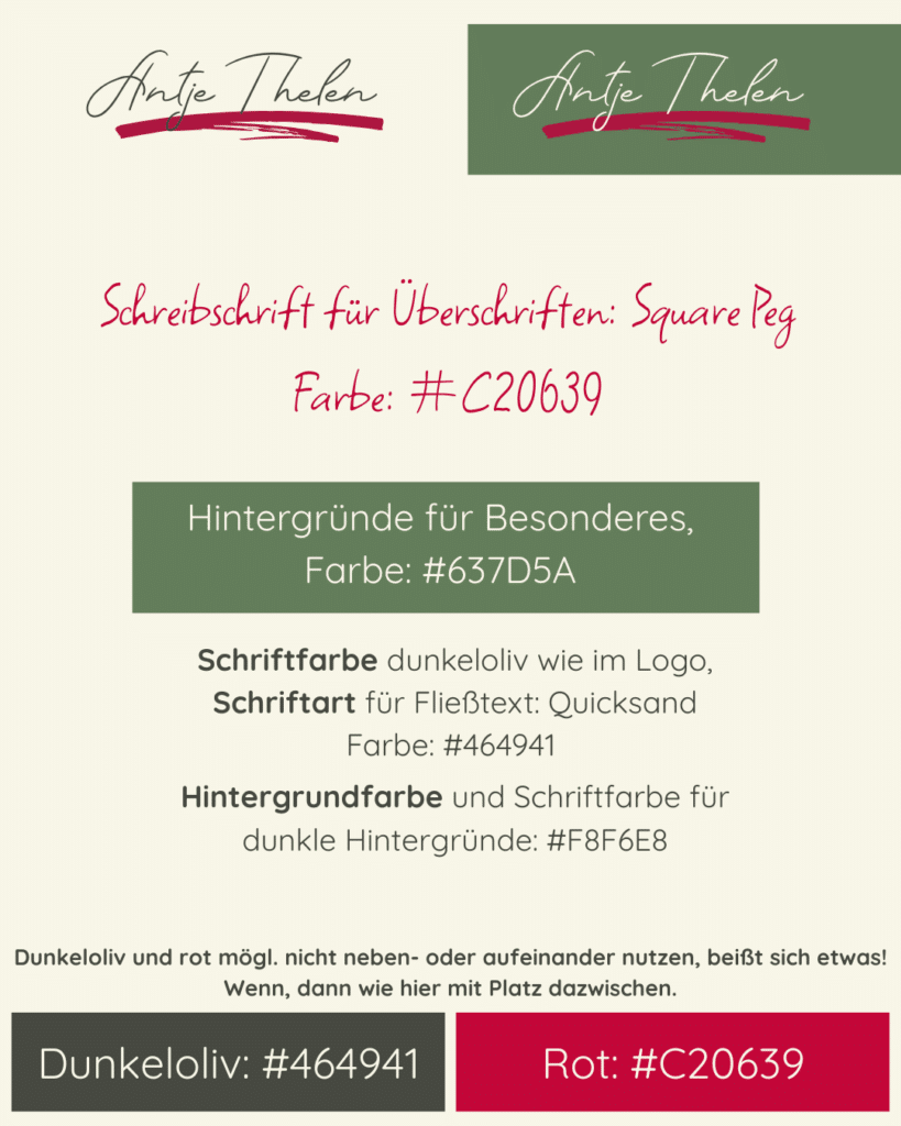 Eine Infografik mit einem Farbschema und einem Leitfaden für Schriftarten mit grünen, grauen und roten Farbmustern, handschriftlichen und serifenlosen Schriftarten sowie einem deutschen Text über die Verwendung von Farben und Schriftarten für Kopfzeilen und Hintergründe.