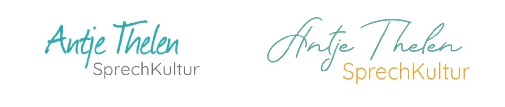 Zwei Versionen eines Logos: beide tragen den Schriftzug "Antje Thelen SprechKultur" in kursiver und Standardschrift. Die linke Version ist in Grün und Grau gehalten, die rechte in Grün und Orange. Beide haben einen weißen Hintergrund.