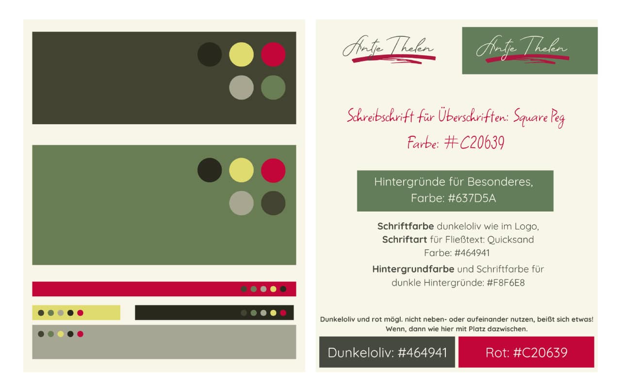 Ein Gestaltungsleitfaden mit Farbmustern, Beispieltextblöcken und Hinweisen zu den Hauptfarben: gedecktes Grün, Grau, Rot, Gelb und Schwarz. Enthält Schrift- und Farb-Hex-Codes sowie handgeschriebene Akzentüberschriften.