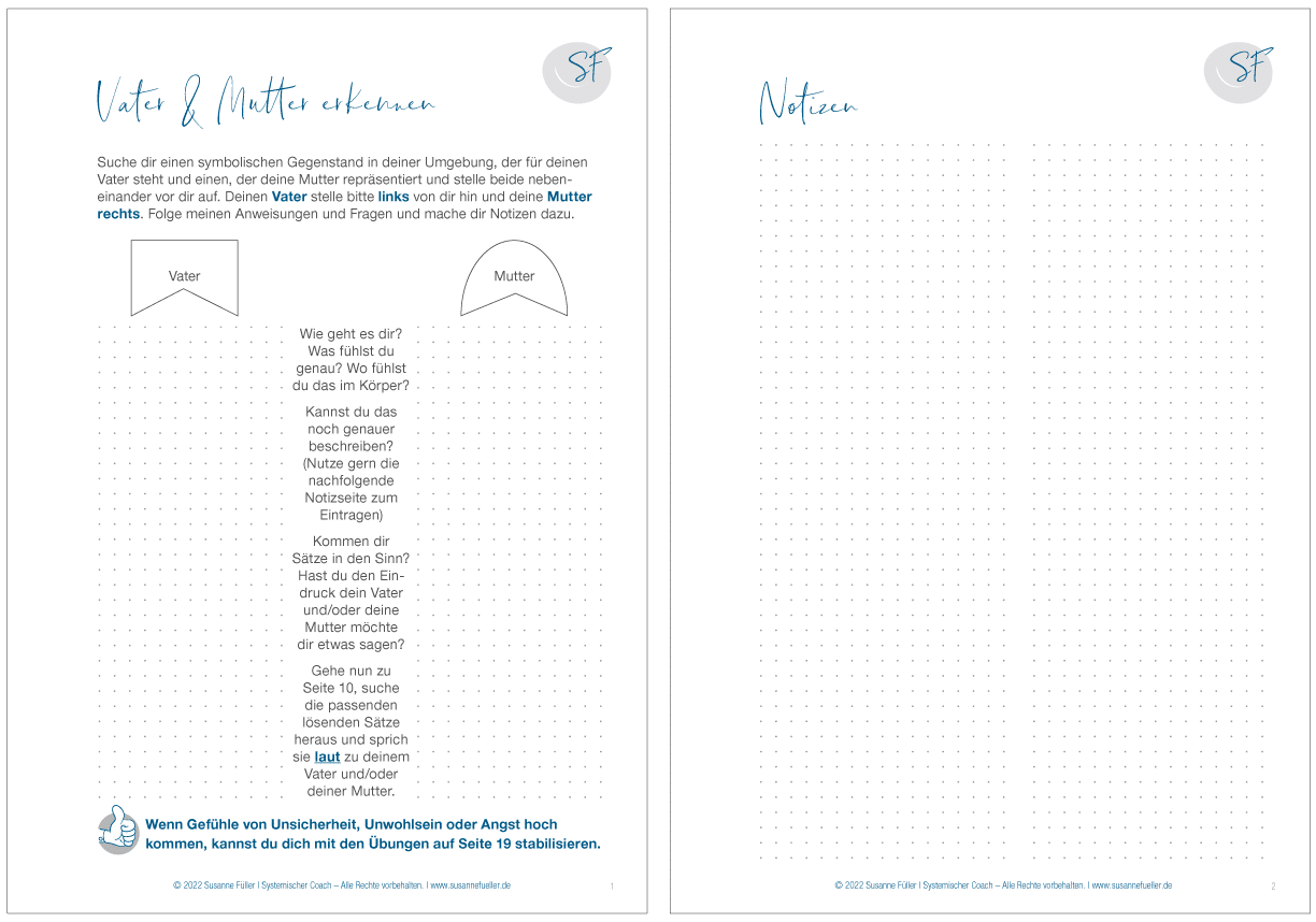 Ein Arbeitsblatt mit dem Titel "Vater & Mutter erkennen" enthält zwei gepunktete Spalten mit den Bezeichnungen "Vater" und "Mutter" sowie Aufforderungen und Fragen zur Selbstreflexion in deutscher Sprache. Blaue und graue Akzente werden durchgehend verwendet. © Susanne Füller