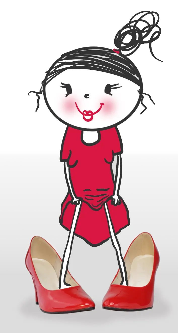 Ein Cartoon-Mädchen in einem roten Kleid mit rosigen Wangen lächelt, während es übergroße rote hochhackige Schuhe trägt und auf einem einfachen grauen und weißen Hintergrund steht.