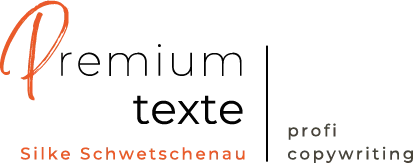Logo mit dem Schriftzug "Premium texte" in großer Schrift, "Silke Schwetschenau" in orange und "profi copywriting" in kleinerer Schrift auf der rechten Seite. Das "P" in "Premium" ist in einer orangefarbenen Schreibschrift geschrieben.