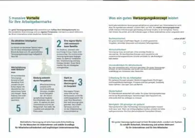 Eine deutschsprachige Broschüre für "concept bay" zeigt Informationen über die systematische betriebliche Altersvorsorge, Vorteile, Hauptmerkmale und eine Checkliste, mit Textabschnitten, Häkchen und dem Foto eines Geschäftsmannes im Kopfbereich. Ein einzigartiges Beispiel für eine Expertenbroschüre, die mitdenkt und den Vertrieb wirklich unterstützt.