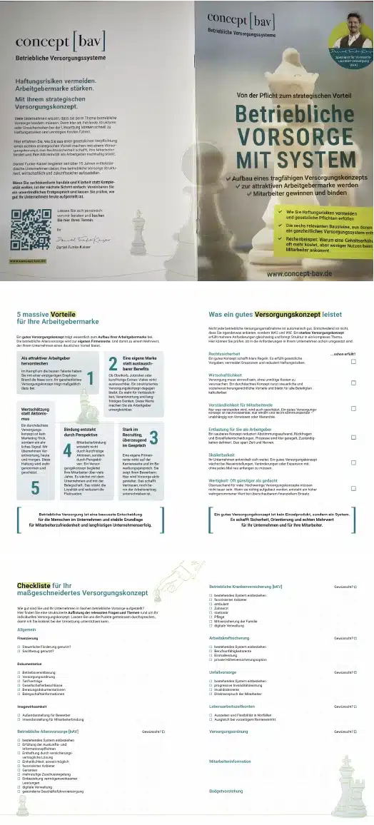 Eine deutschsprachige Broschüre für "concept bay" zeigt Informationen über die systematische betriebliche Altersvorsorge, Vorteile, Hauptmerkmale und eine Checkliste, mit Textabschnitten, Häkchen und dem Foto eines Geschäftsmannes im Kopfbereich. Ein einzigartiges Beispiel für eine Expertenbroschüre, die mitdenkt und den Vertrieb wirklich unterstützt.