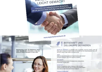 Eine deutschsprachige Expertenbroschüre zur Verkaufsförderung, in der sich Geschäftsleute unterhalten und die Hände schütteln, sowie Abschnitte mit Tipps, Checklisten und Informationen zur Erstellung wirksamer Broschüren.