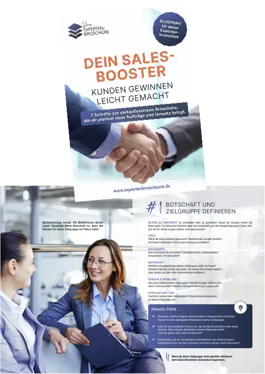Eine Werbebroschüre mit dem Titel "Dein Sales-Booster" mit Geschäftsleuten im Gespräch. Die Broschüre verspricht eine einfache Kundenakquise und zeigt Schritte zur Steigerung von Umsatz und Gewinn, wobei Text und Tipps auf der unteren Hälfte zu sehen sind.