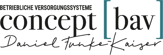 Logo mit dem Text "BETRIEBLICHE VERSORGUNGSSYSTEME concept [ bav ] Daniel Funke-Kaiser" in schwarzer Schrift, mit "concept [ bav ]" in großen Buchstaben und den Klammern in blaugrün.
