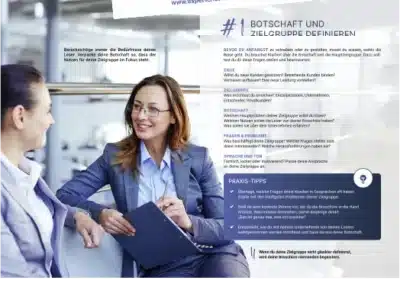 Eine deutschsprachige Expertenbroschüre zur Verkaufsförderung, in der sich Geschäftsleute unterhalten und die Hände schütteln, sowie Abschnitte mit Tipps, Checklisten und Informationen zur Erstellung wirksamer Broschüren.
