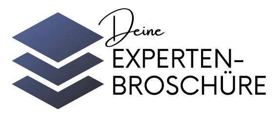 Logo mit drei gestapelten, dunkelblauen Parallelogrammen, die an Papier erinnern, auf der linken Seite und dem deutschen Text "Deine EXPERTEN-BROSCHÜRE" in fetten Großbuchstaben und Schreibschrift auf der rechten Seite.
