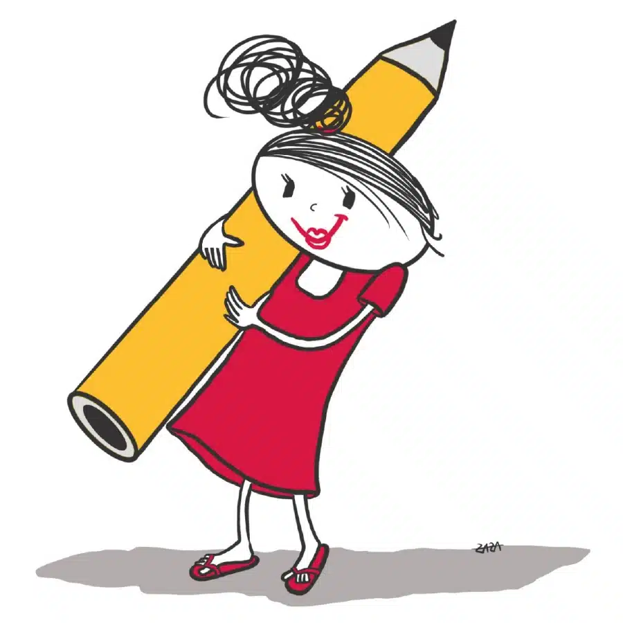 Zazas Illustrationen Ein Cartoon-Mädchen in einem roten Kleid und roten Schuhen, das lächelt und einen großen gelben Bleistift umarmt. Sie hat lockiges, zusammengebundenes Haar und steht auf einem grauen Schatten.